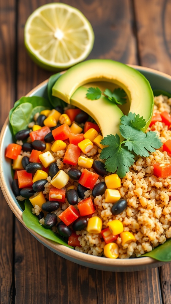 A vibrant vegan quinoa bowl with black beans, corn, bell pepper, spinach, and avocado, beautifully garnished with cilantro.